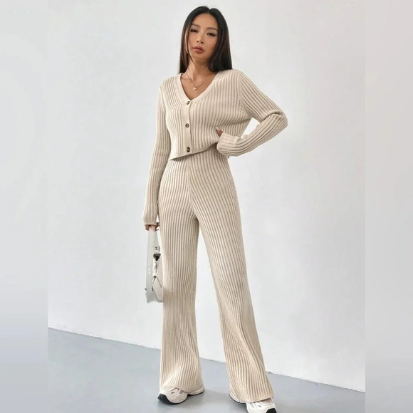 Pants - Khaki Ribbed Knit Cardigan & Knit Pants